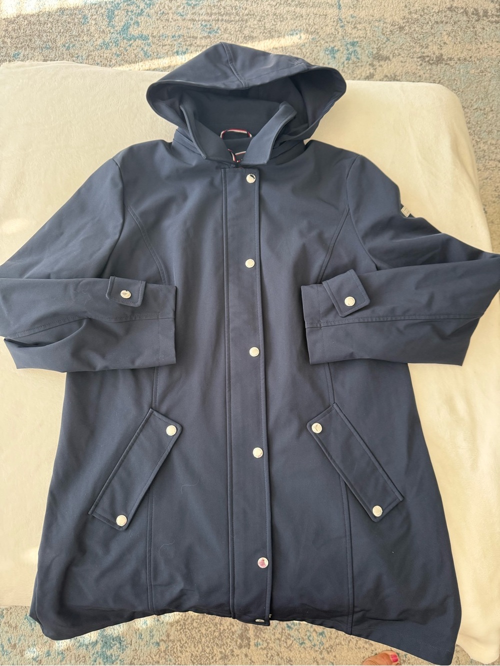 TOMMY HILFIGER Womens XL Poly Stretch Trench Rain Coat Navy Blue Hood Zip EB2